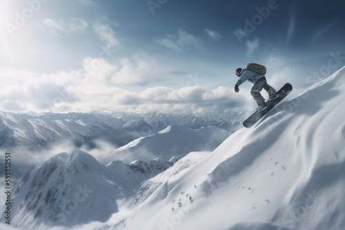 Snowboarder in a jump on a high mountain, Freerider running downhill in beautiful landscape, sunlight, AI Generative.