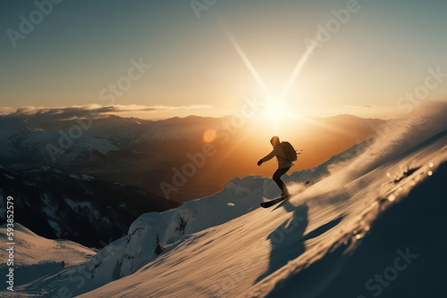 Snowboarder in a jump on a high mountain, Freerider running downhill in beautiful landscape, sunset, AI Generative.