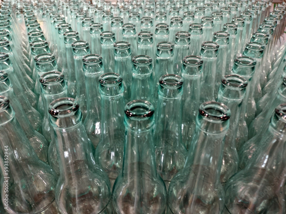 Rows of empty bottles in the beverage industry Beverage bottles.