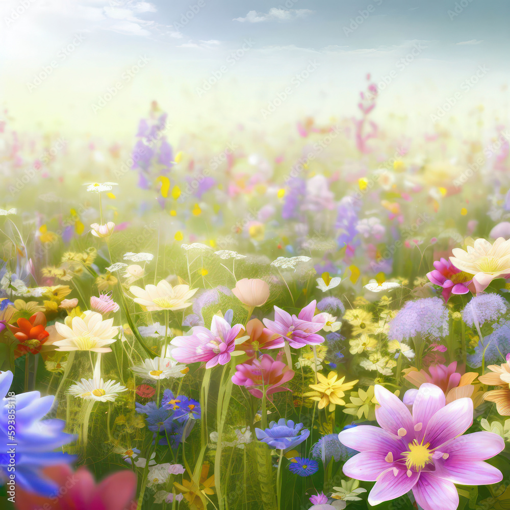 Beautiful blossoming flower meadow in spring, superbloom, generative AI