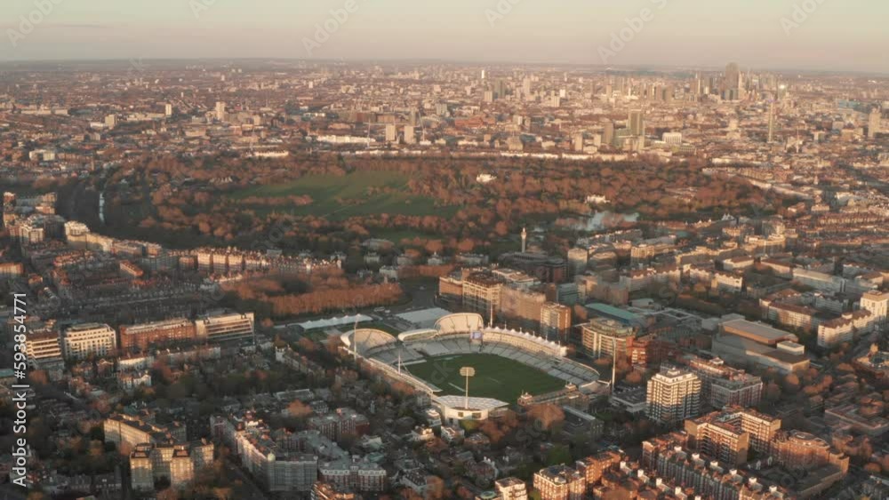 Circling aerial shot over Lords cricket ground with London skyline in the background Circling aerial shot over Lords cricket ground with London skyline in the background