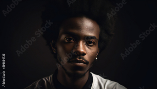 Handsome portrait of black man smiling. Afro American portrait with black background. Generative Ai illustration. 