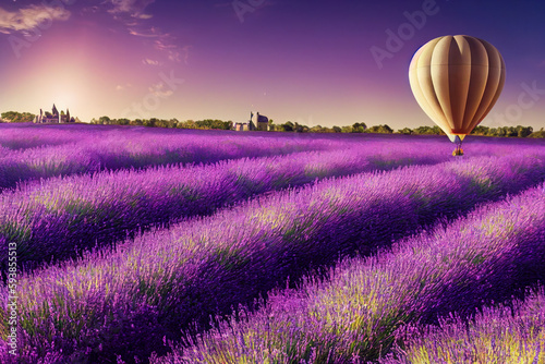 Purple lavender fields in bloom, hot air balloons in background, generative ai