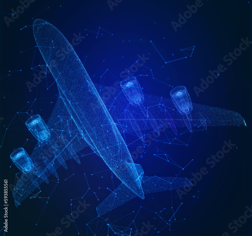 Digital futuristic airplane flying up. Future aviation, modern technology, air transport concept. Abstract plexus mesh