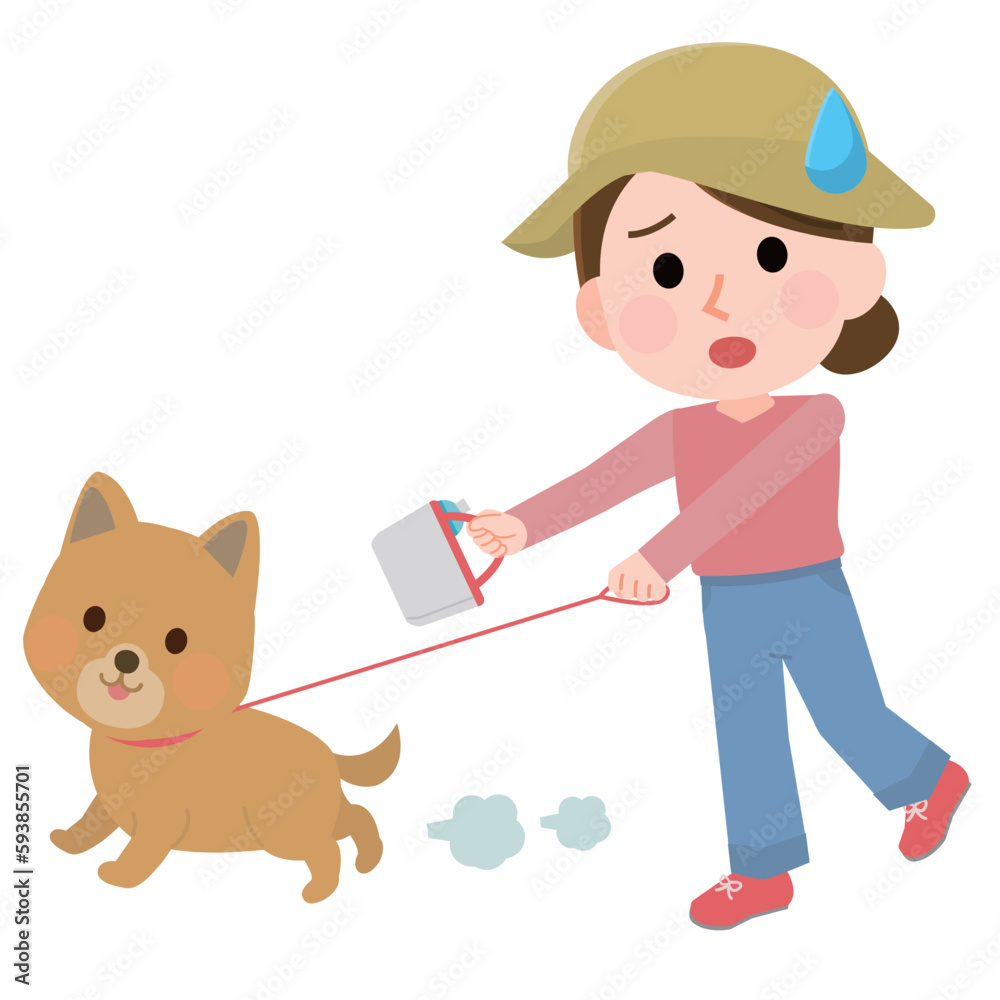 犬と散歩をする女性　リードを引っ張る犬　イラスト