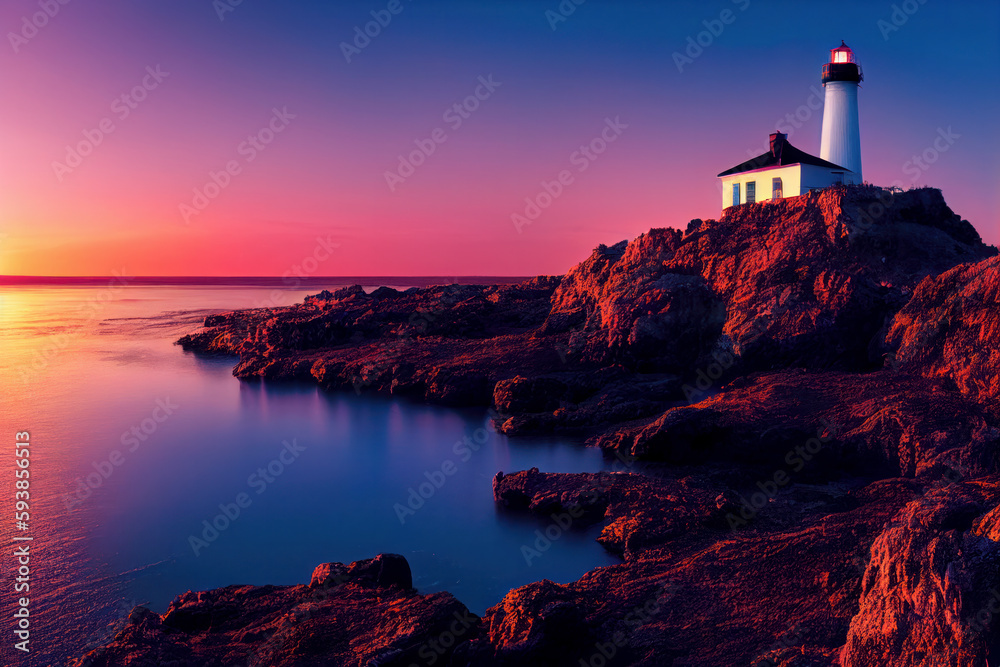 Fototapeta premium A lighthouse above a beach at colorful sunset, long exposure, generative AI
