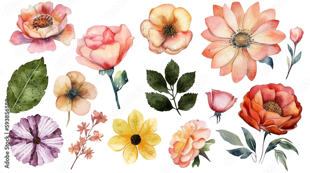 Set of floral elements. Watercolor Flower and leaves clipart.