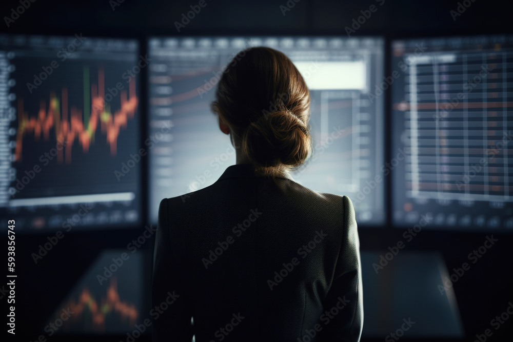 Businesswoman looking on stock charts at digital displays, rear view. Photorealistic generative art Businesswoman looking on stock charts at digital displays, rear view. Photorealistic generative art