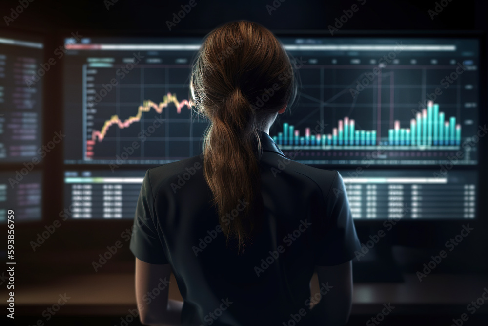 Businesswoman looking on stock charts at digital displays, rear view. Photorealistic generative art Businesswoman looking on stock charts at digital displays, rear view. Photorealistic generative art