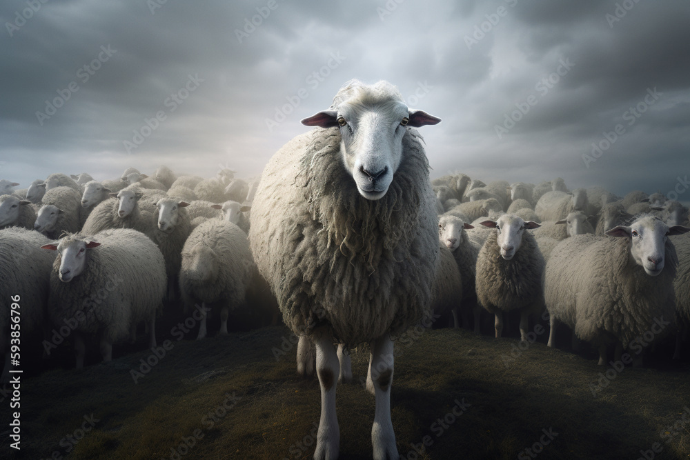 Obraz premium Portrait of a sheep in the middle of herd, dramatic photorealistic illustration generated by Ai