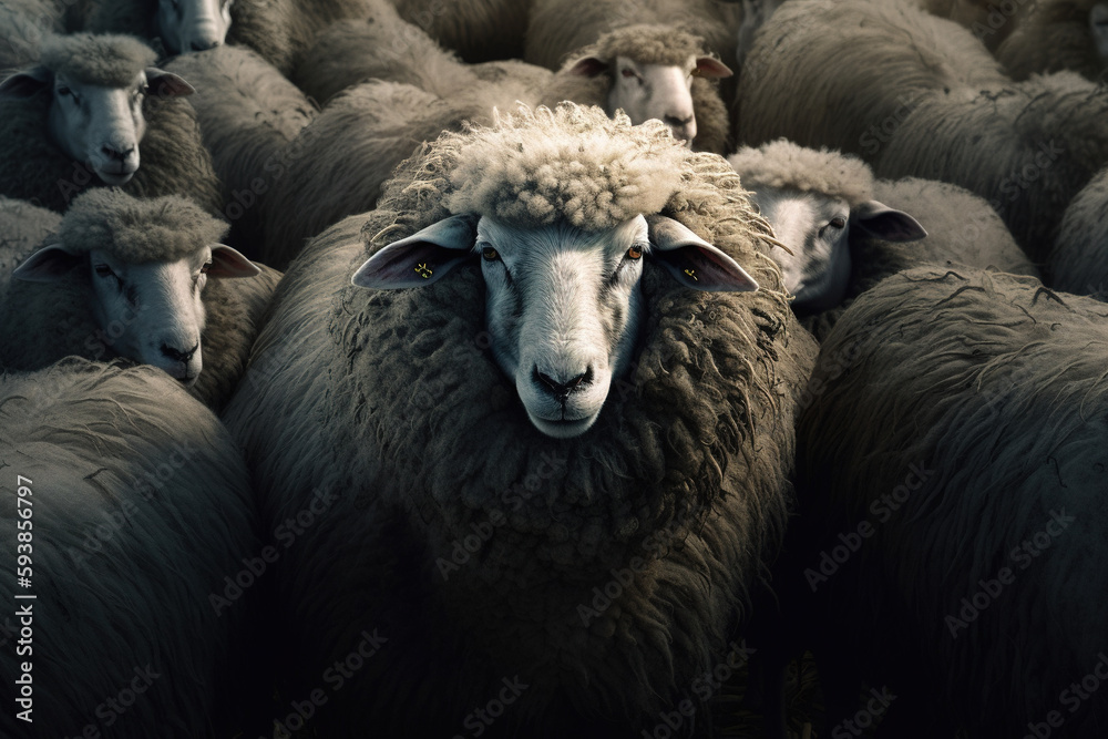 Portrait of a sheep in the middle of herd, dramatic photorealistic illustration generated by Ai