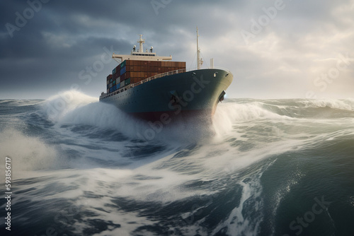 Cargo ship in the open sea, stormy weather and braking waves. Ai generated illustration.