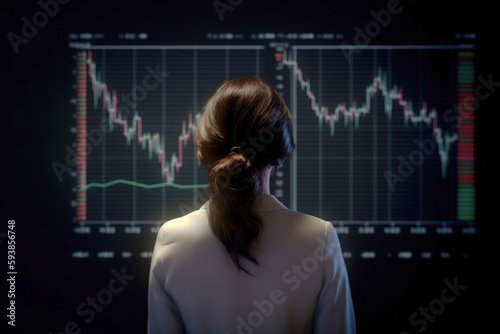 Businesswoman looking on stock charts at digital displays, rear view. Photorealistic generative art