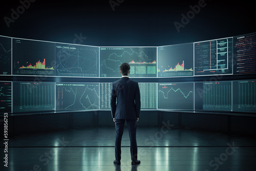 Businessman looking on stock charts at digital displays, rear view. Photorealistic generative art