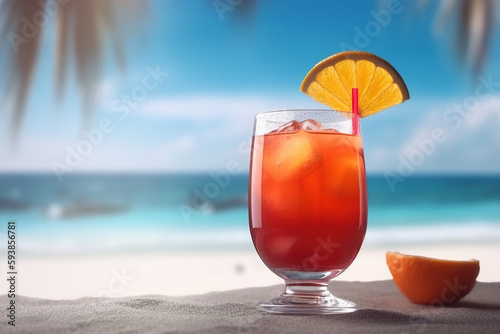 Fresh cocktail in the glass on the paradise beach, travel and vacation concept, photorealistic illustration, generated by Ai