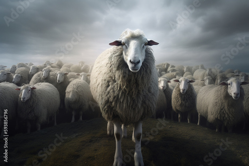 Portrait of a sheep in the middle of herd, dramatic photorealistic illustration generated by Ai