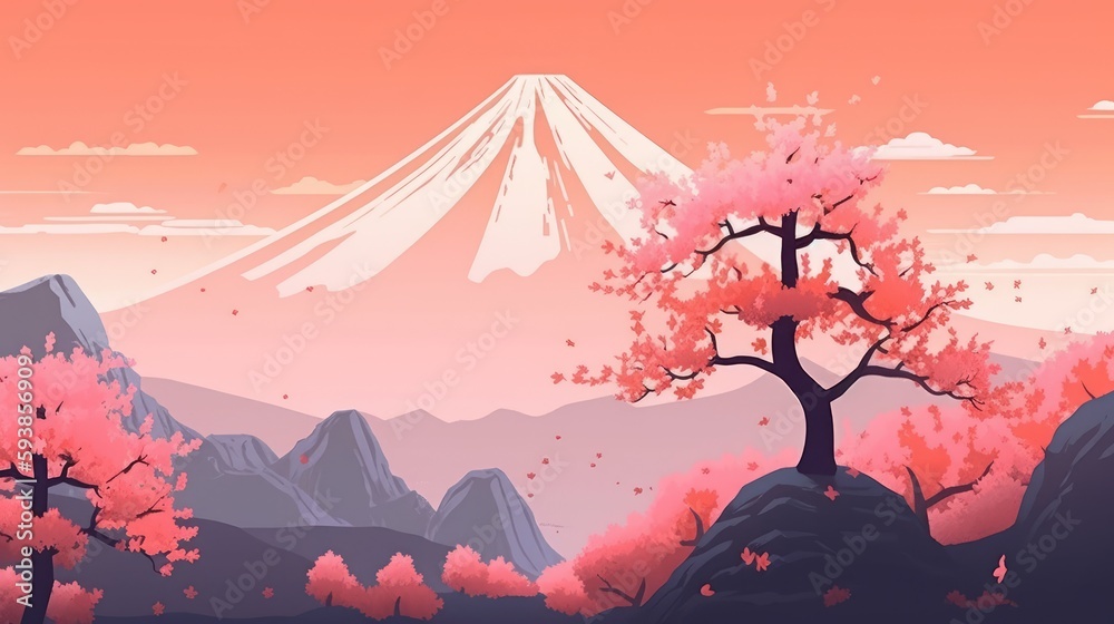 Beautiful landscape with mountain peak and cherry blossom trees in pink colors generative ai