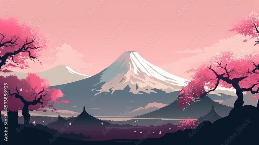 Beautiful landscape with mountain peak and cherry blossom trees in pink colors generative ai
