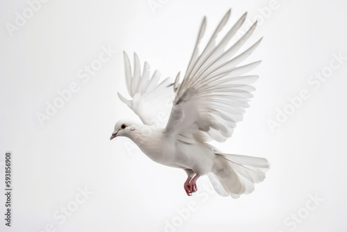 Experience the wonder of flight with this graceful white bird, wings spread wide and soaring through the clouds. AI Generative.