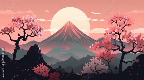 Beautiful landscape with mountain peak and cherry blossom trees in pink colors generative ai