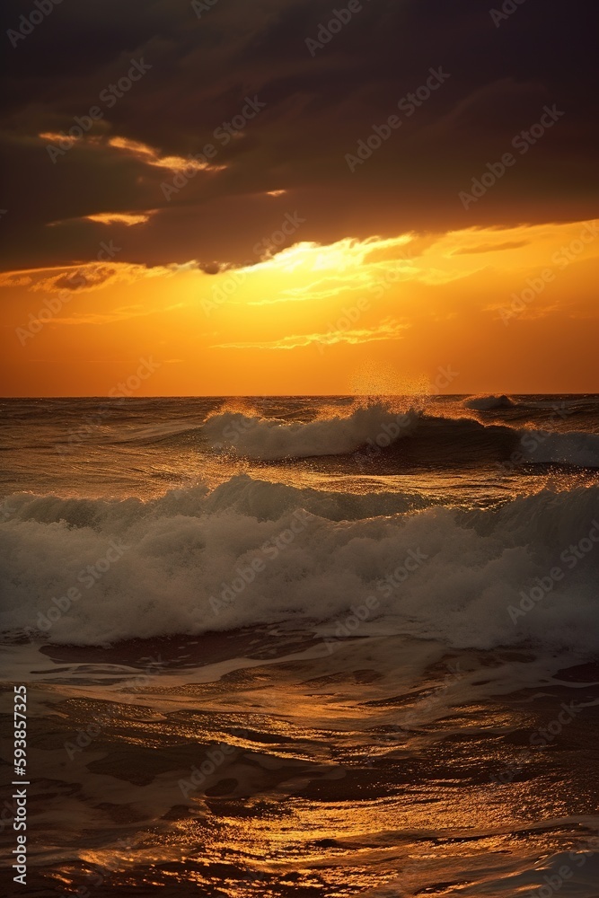 Amazing beach sunset with an endless horizon and lonely figures in the distance, incredible foaming waves. Vertical photo. Generative ai Amazing beach sunset with an endless horizon and lonely figures in the distance, incredible foaming waves. Vertical photo. Generative ai