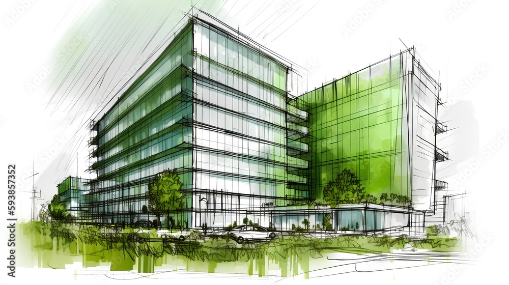 Sustainable office building sketch showcasing green roofs, energy-efficient windows, and green facade - Generative AI