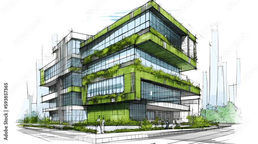 Sustainable office building sketch showcasing green roofs, energy-efficient windows, and green facade - Generative AI - obrazy, fototapety, plakaty 
