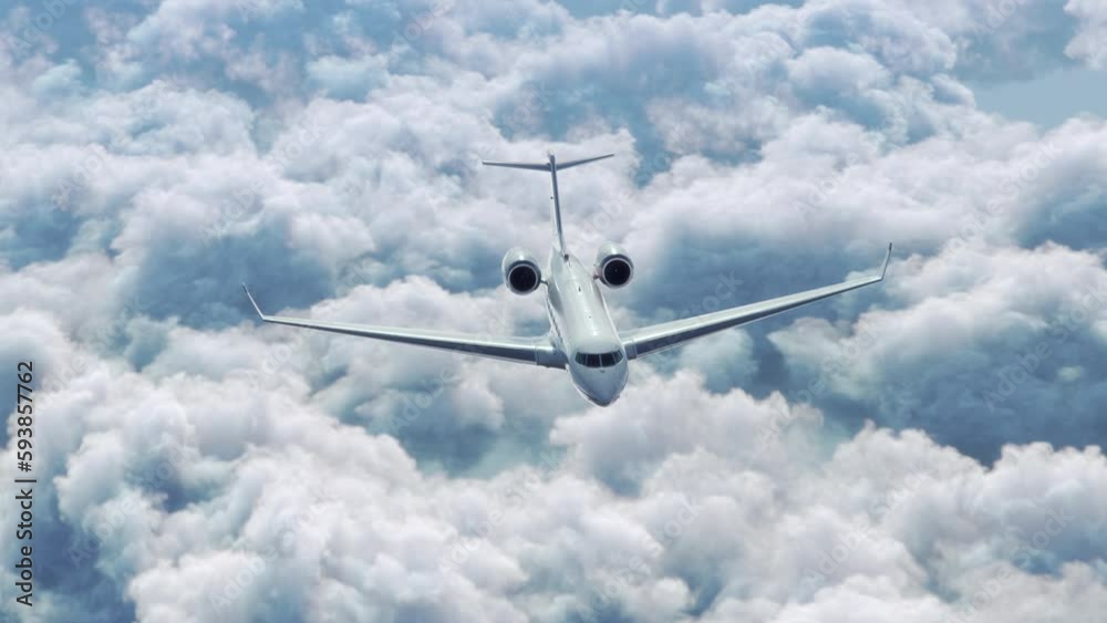 Tracking Shot of Private Business Jet Airplane Flying Above the Clouds in Bright Sunny Day. 