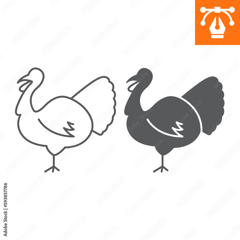 Turkey line and solid icon, outline style icon for web site or mobile app, animals and livestock, turkey bird vector icon, simple vector illustration, vector graphics with editable strokes. Turkey line and solid icon, outline style icon for web site or mobile app, animals and livestock, turkey bird vector icon, simple vector illustration, vector graphics with editable strokes.
