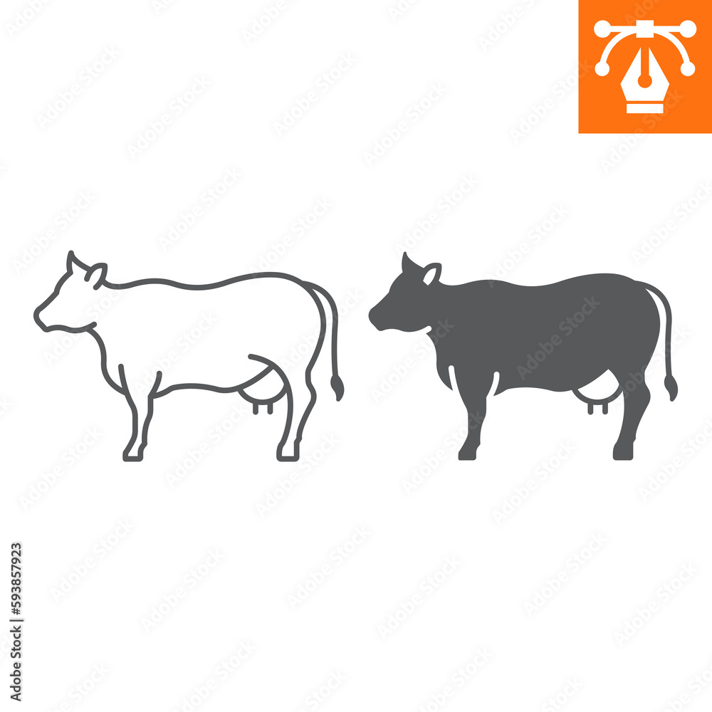 Cow line and solid icon, outline style icon for web site or mobile app, animals and livestock, cow vector icon, simple vector illustration, vector graphics with editable strokes. Cow line and solid icon, outline style icon for web site or mobile app, animals and livestock, cow vector icon, simple vector illustration, vector graphics with editable strokes.
