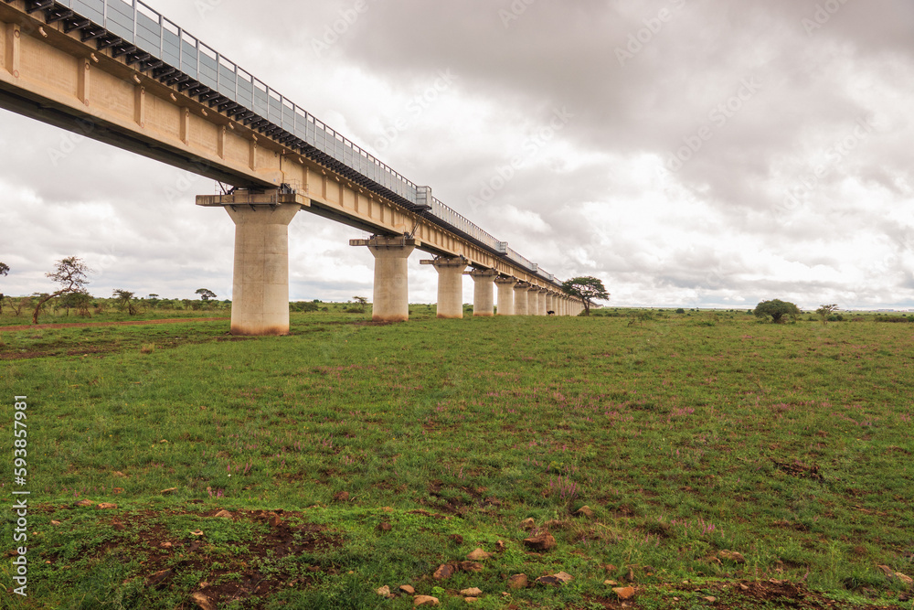 Scenic view of Nairobi Mombasa Standard Gauge Railway line seen from Nairobi National Park, Kenya Scenic view of Nairobi Mombasa Standard Gauge Railway line seen from Nairobi National Park, Kenya