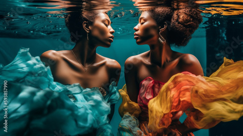 Gentle touches of two young african-american women underwater in bright transparent dresses. Generative AI