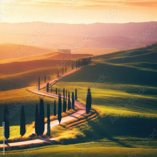 Tuscan rolling hills with cypresses and oak trees, photorealistic illustration