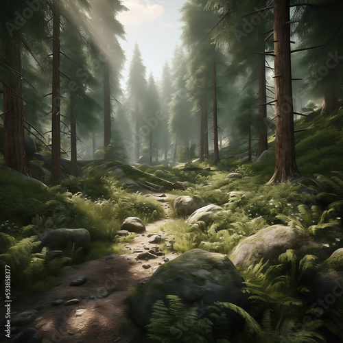 Green forest with a little path and a lot of rocks. Generative AI