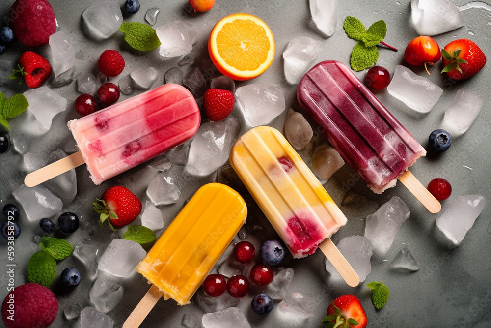 Ice cream popsicles with fruit, berries and ice, top view, flat lay. Summer dessert, frozen fruit juice. AI generated image Ice cream popsicles with fruit, berries and ice, top view, flat lay. Summer dessert, frozen fruit juice. AI generated image
