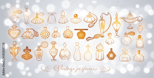 Collection of doodle vintage perfume bottles on white glowing background. Vector sketch illustration