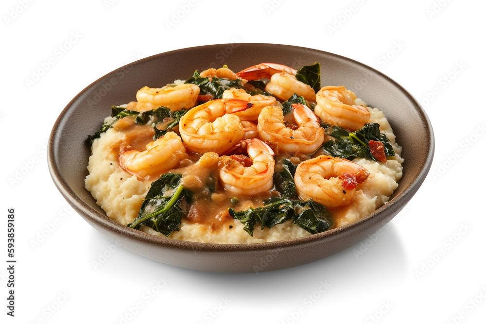 Cajun-style shrimp and grits with a side of collard green Cajun-style shrimp and grits with a side of collard green