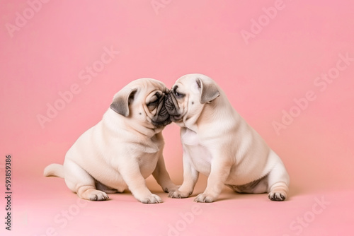 Animal creative minimal love concept of a small cute animals on a pastel pink background. Cute little couple baby dog puppies. Illustration, Generative AI.