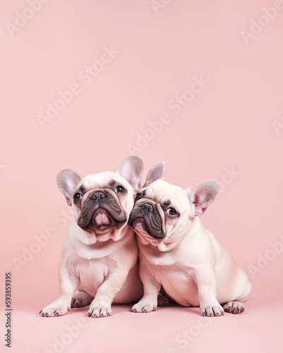 Animal creative minimal love concept of a small cute animals on a pastel pink background. Cute little couple baby dog puppies. Illustration, Generative AI. © Ljuba3dArt