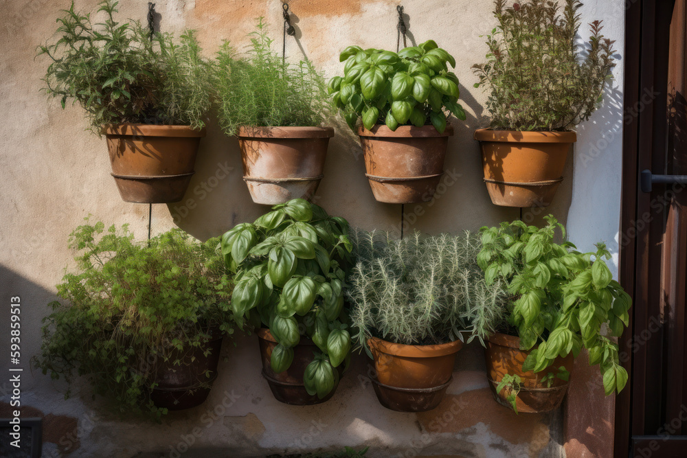 Pots of herbs hang on the wall, outside. Created using generative Al tools. Pots of herbs hang on the wall, outside. Created using generative Al tools.
