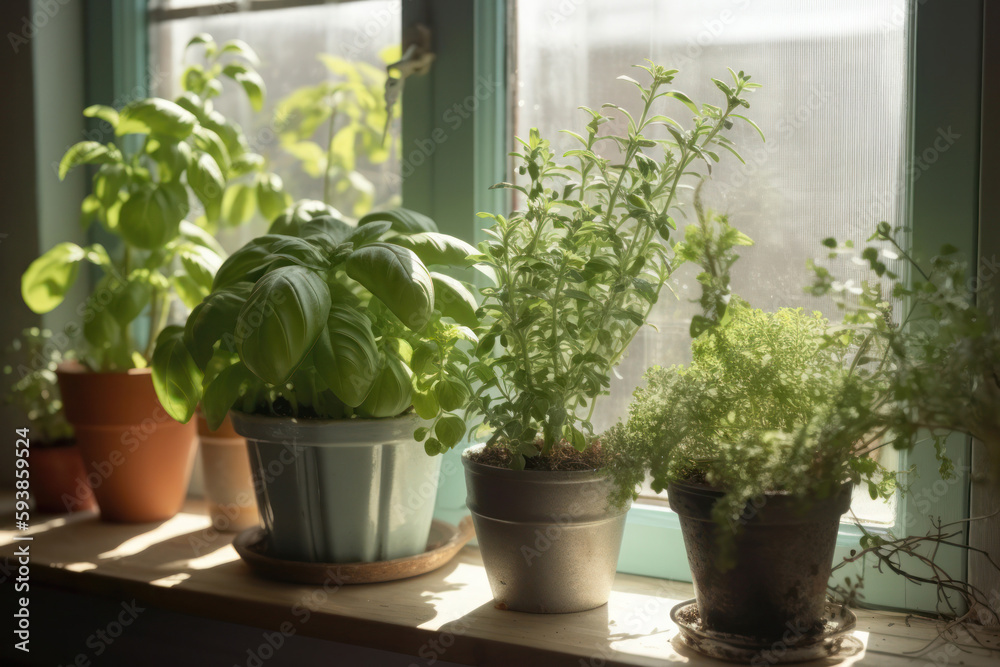 Windowsill with several pots of herbs lined up on it. Created using generative Al tools Windowsill with several pots of herbs lined up on it. Created using generative Al tools