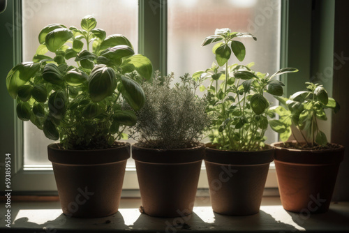 Windowsill with several pots of herbs lined up on it. Created using generative Al tools