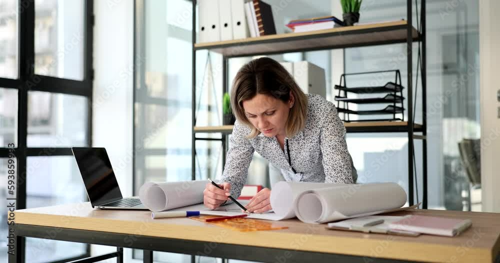 Beautiful young designer woman drawing draft construction project with pencil. Architect working at office desk with blueprints for new project