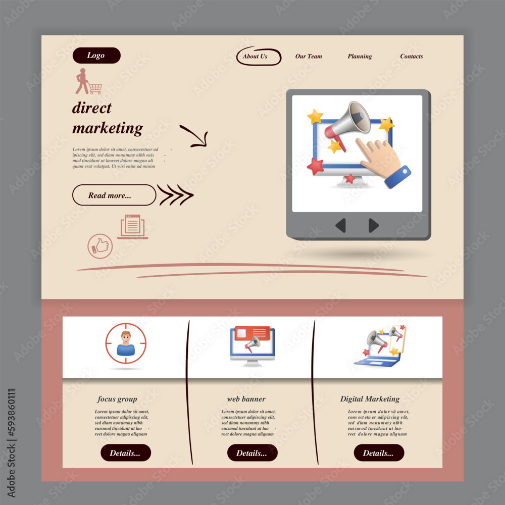 Direct marketing flat landing page website template. Focus group, web banner, digital marketing. Web banner with header, content and footer. Vector illustration.