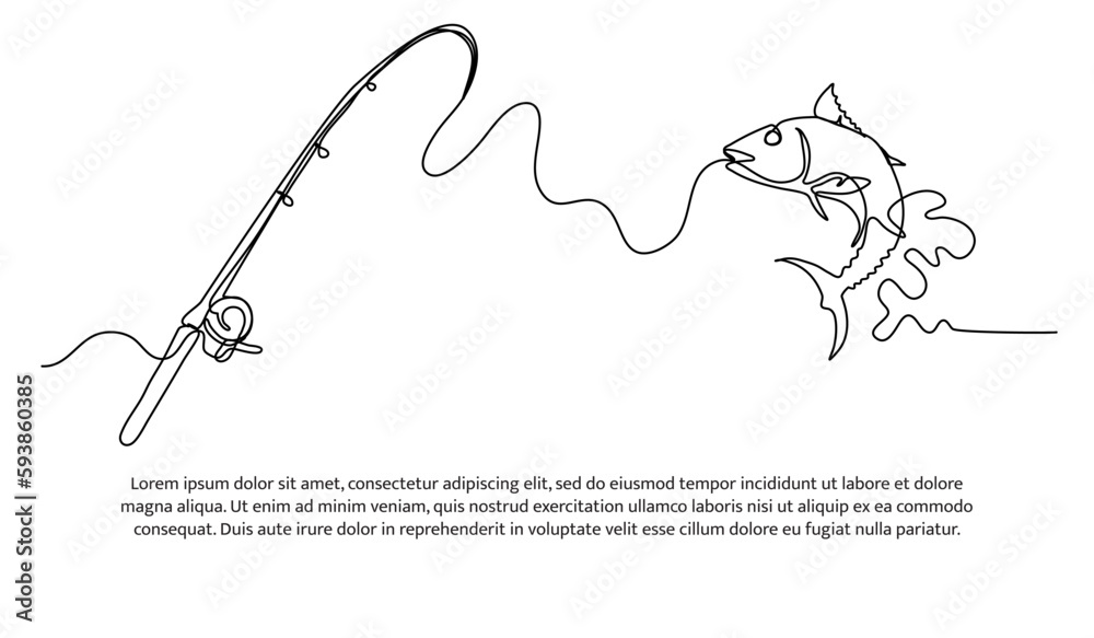 One continuous fishing line. Line drawing of a fish hit by a fishing hook.  Minimalist style vector illustration on white background. Stock Vector