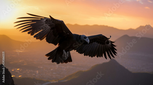 A condor flying in the sky, sunset in the background