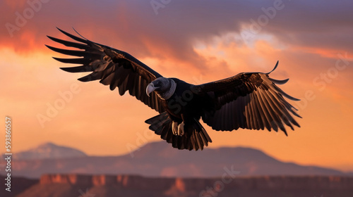 A condor flying in the sky, sunset in background