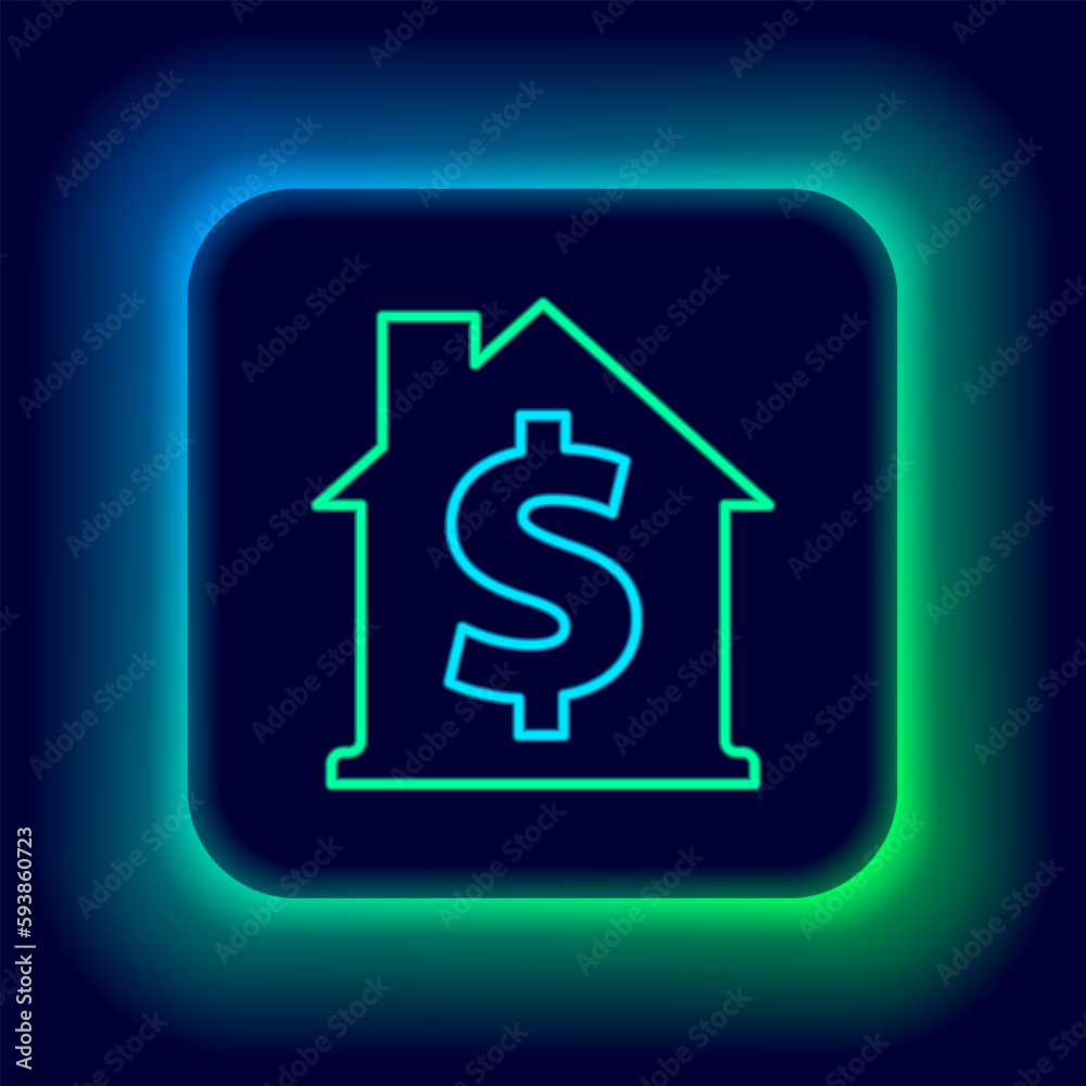 Glowing neon line House with dollar symbol icon isolated on black background. Home and money. Real estate concept. Colorful outline concept. Vector Glowing neon line House with dollar symbol icon isolated on black background. Home and money. Real estate concept. Colorful outline concept. Vector