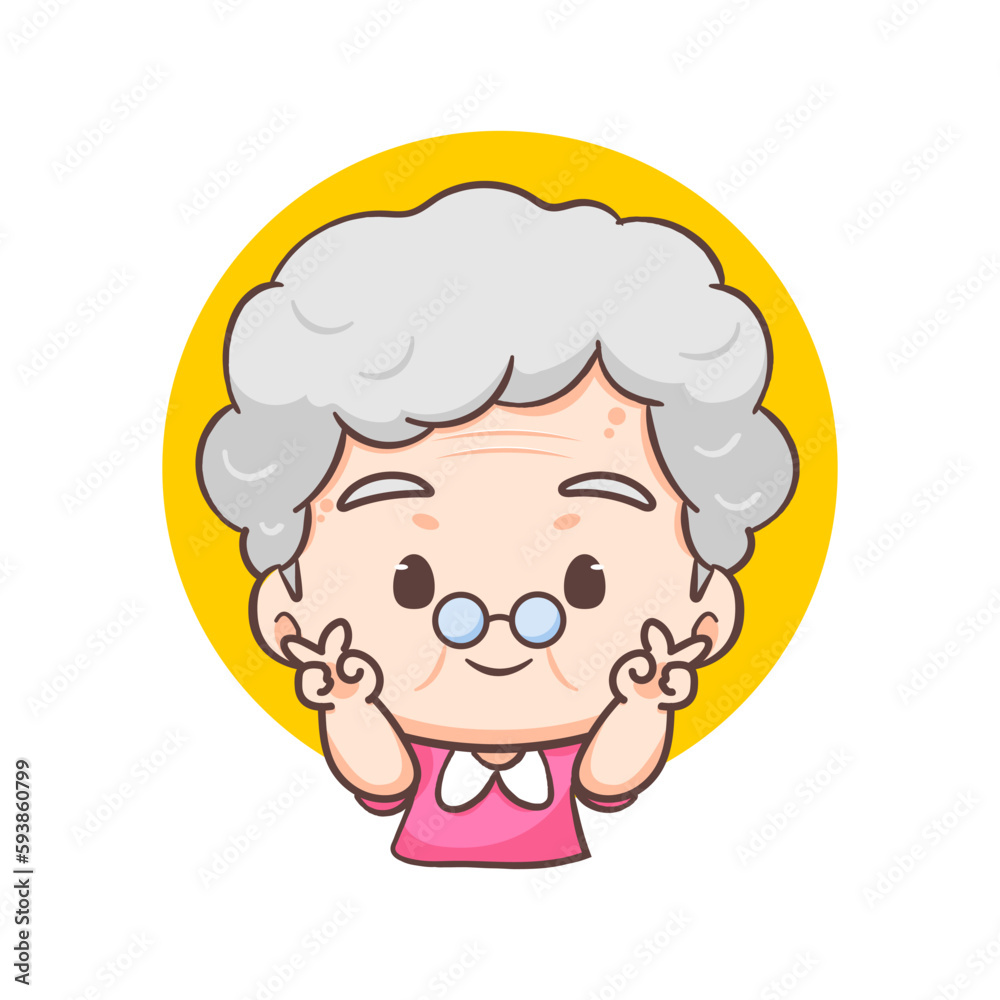 Cute Grandmother cartoon character showing peace finger sign heart. People Concept design. Flat adorable chibi vector illustration. Isolated white background Cute Grandmother cartoon character showing peace finger sign heart. People Concept design. Flat adorable chibi vector illustration. Isolated white background