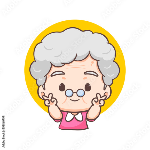 Cute Grandmother cartoon character showing peace finger sign heart. People Concept design. Flat adorable chibi vector illustration. Isolated white background